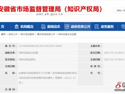 安徽省市場(chǎng)監(jiān)管局關(guān)于公布第一批電梯檢驗(yàn)檢測(cè)改革試點(diǎn)的區(qū)域及電梯檢測(cè)機(jī)構(gòu)的通告