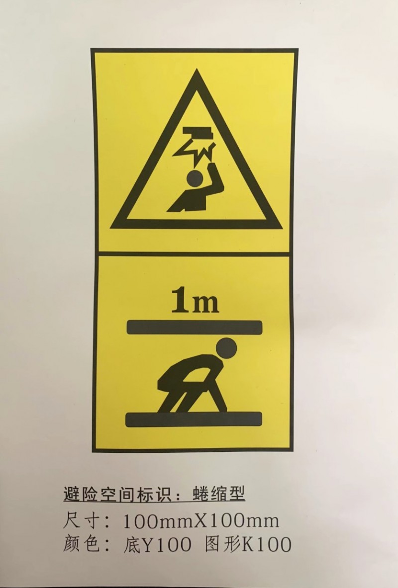 躺下型蜷縮型站立型對(duì)重緩沖器最大最小允許距離不干膠安全警示標(biāo)識(shí)，2022新標(biāo)準(zhǔn)