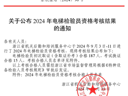 浙江公布2024年電梯檢驗(yàn)員資格考核結(jié)果，202人考核合格（附名單）