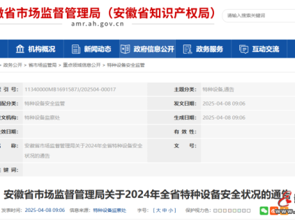安徽省市監(jiān)局發(fā)布2024年全省特種設備安全狀況的通告 全省電梯總量491300臺，電梯增加40137臺，增幅為8.90%