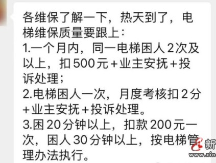 網(wǎng)傳：某地某小區(qū)物業(yè)給小區(qū)電梯維保發(fā)的新規(guī)定 一個月內(nèi)同一電梯困人2次及以上扣500元