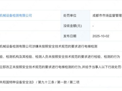 四川某檢測公司涉嫌未按照規(guī)范要求進行電梯檢測 罰80000元